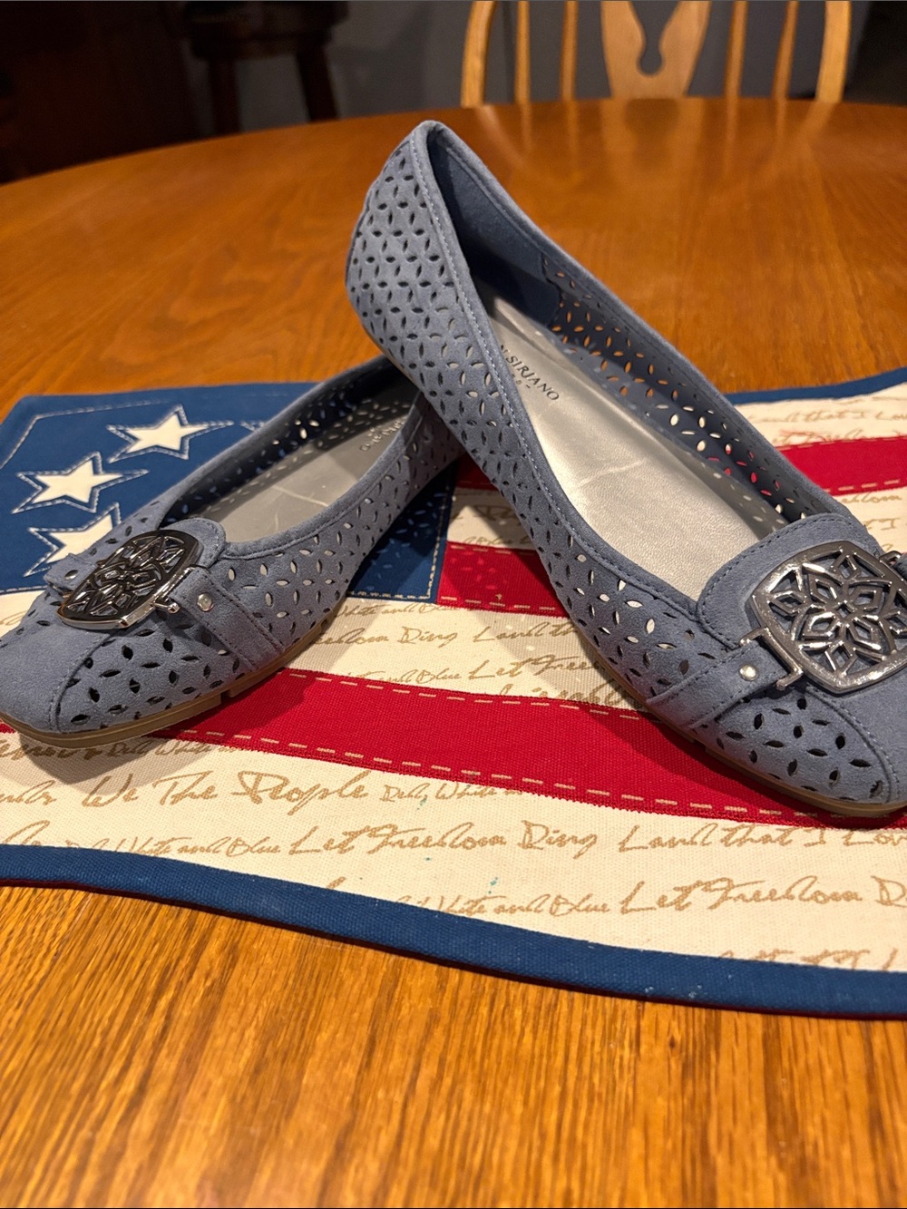 Christian Siriano  Blue Perforated Ballet Flats with Decorative Medallion, 10
